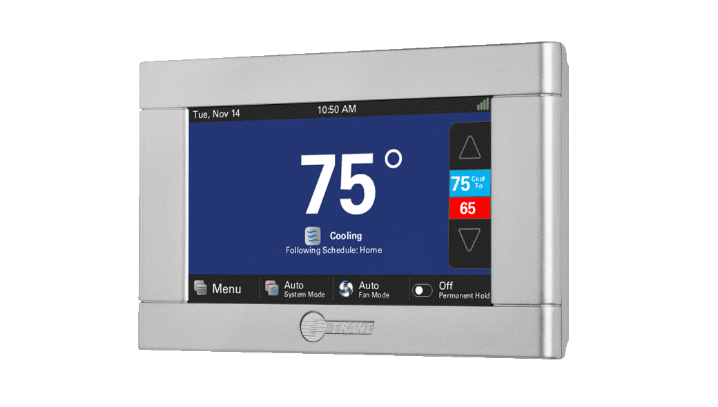 Trane smart thermostat displaying 75°F cooling on blue touchscreen, silver wall-mounted frame and menu icons